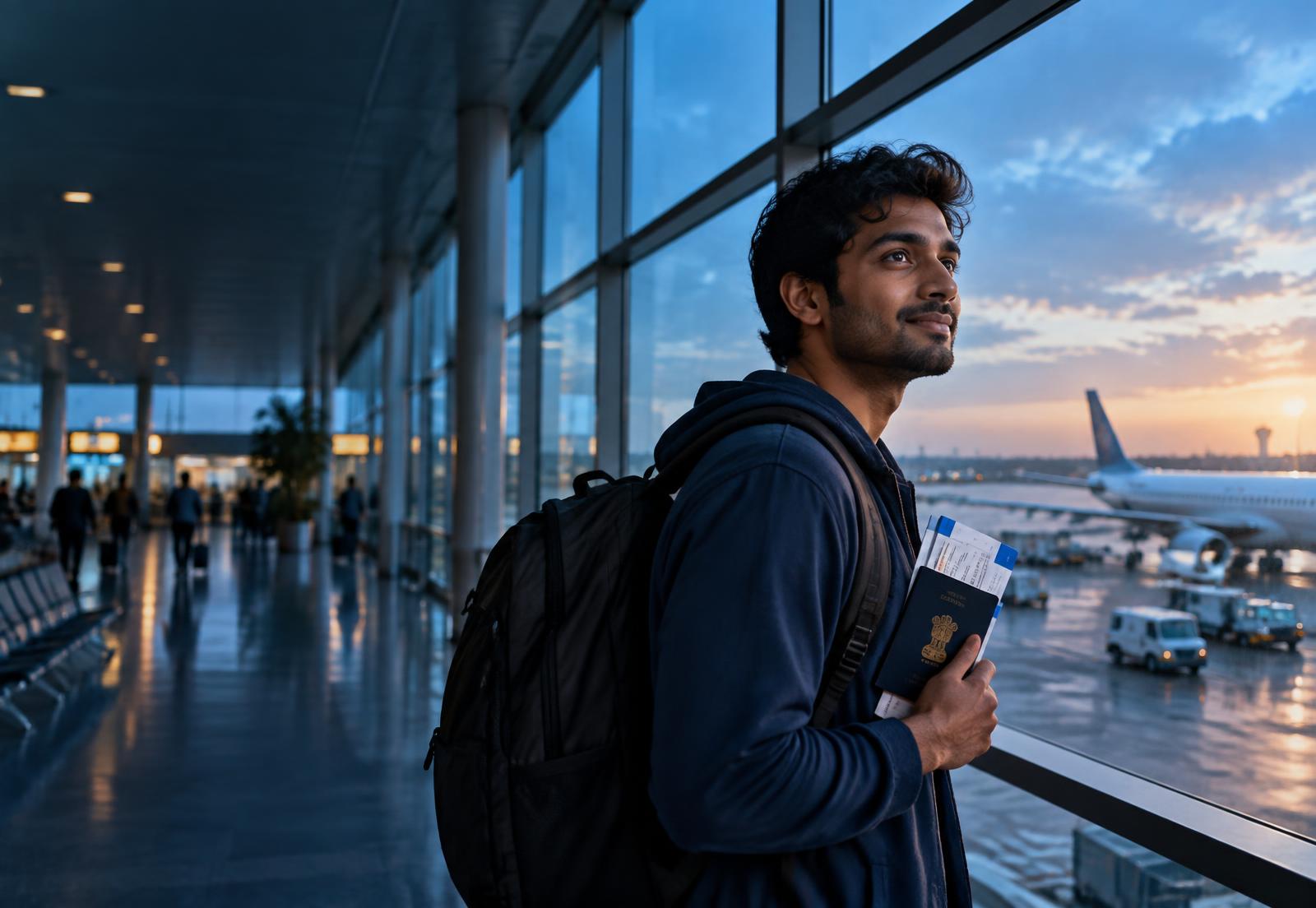 Indian graduate at an international airport with his passport and visa documents